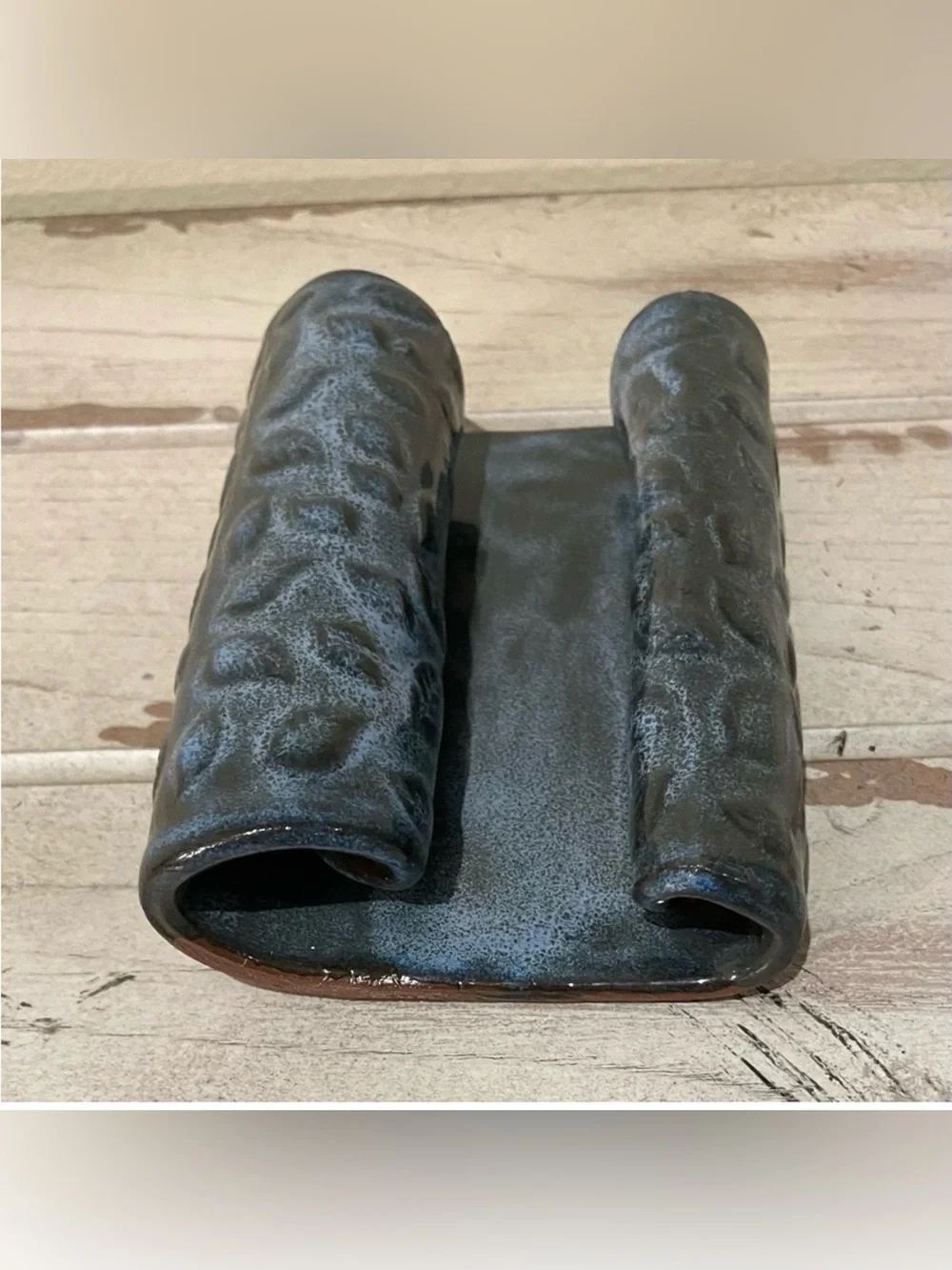 Studio Pottery Incised Leaf Business Card Holder / Cell Phone Stand Desk Decor